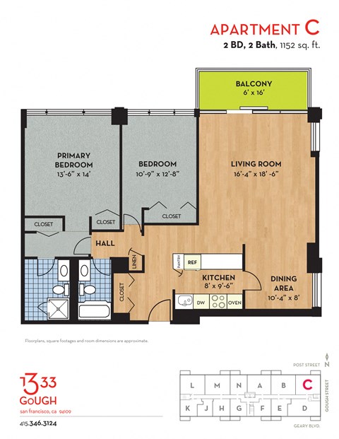 Floor plan for 2 beds, 2 baths, 1152 sqft